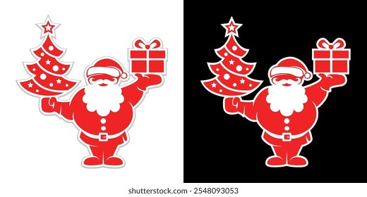 Santa Claus with Christmas tree and gift box. Vector icon isolated on transparent and dark background