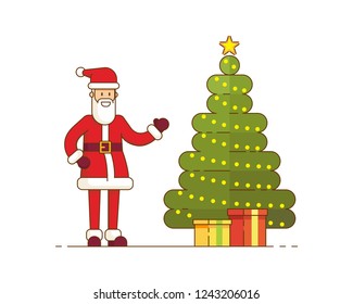 Santa Claus with Christmas tree and gifts. Merry Christmas! Vector illustration on white background.