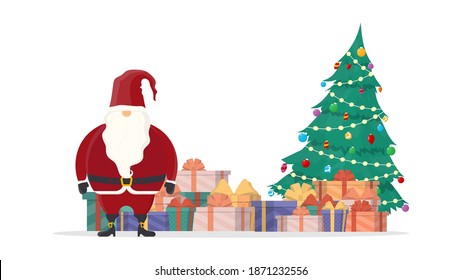 Santa claus with christmas tree and gifts. Christmas tree, garlands, gifts.  Vector.