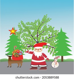 santa claus with christmas tree and gifts, vector illustration