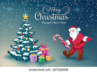 Santa Claus and Christmas tree with gifts. Merry Christmas, Happy New Year. Cheerful Santa put gifts under decorated Christmas tree. Template of holiday greeting, invitation, banner, postcard. Vector
