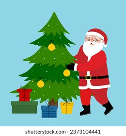 Santa Claus, Christmas tree and gifts box
