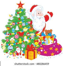 Santa Claus with a Christmas tree and gifts