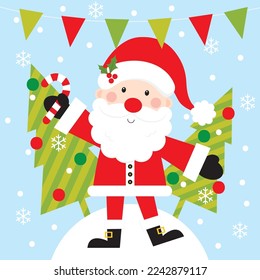 santa claus with christmas tree greeting card design