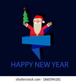 Santa Claus with a Christmas tree. Happy New Year! Design for greeting card, invitation, banner, poster, social media. Vector