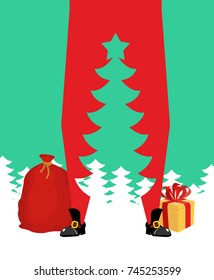 Santa Claus and Christmas tree. high Santa and silhouette of spruce between his legs. New Year illustration. Christmas vector
