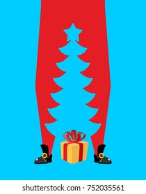 Santa Claus and Christmas tree. high Santa and silhouette of spruce between his legs. New Year illustration. Christmas vector