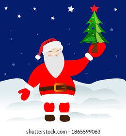 Santa Claus with a Christmas tree in his hand. At night in the snowdrifts with stars. Vector illustration. Happy new year greeting card.