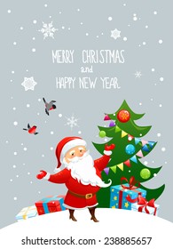 Santa Claus and christmas tree. Holiday illustration with place for text.
