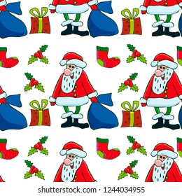 Santa Claus, christmas tree, holly berries, snowman, candies, christmas bells, poinsettia flowers, gingerbread man. Hand drawn vector Christmas seamless pattern. 