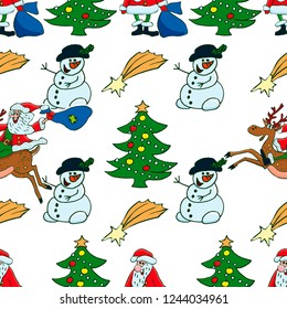 Santa Claus, christmas tree, holly berries, snowman, candies, christmas bells, poinsettia flowers, gingerbread man. Hand drawn vector Christmas seamless pattern. 