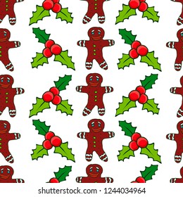 Santa Claus, christmas tree, holly berries, snowman, candies, christmas bells, poinsettia flowers, gingerbread man. Hand drawn vector Christmas seamless pattern. 