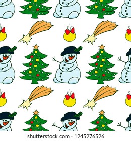 Santa Claus, christmas tree, holly berries, snowman, candies, christmas bells, poinsettia flowers, gingerbread man. Hand drawn vector Christmas seamless pattern. 