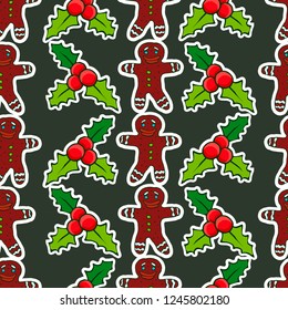 Santa Claus, christmas tree, holly berries, snowman, candies, christmas bells, poinsettia flowers, gingerbread man. Hand drawn vector Christmas seamless pattern. 