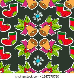 Santa Claus, christmas tree, holly berries, snowman, candies, christmas bells, poinsettia flowers, gingerbread man. Hand drawn vector Christmas seamless pattern. 