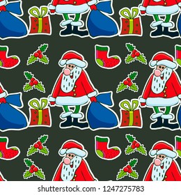 Santa Claus, christmas tree, holly berries, snowman, candies, christmas bells, poinsettia flowers, gingerbread man. Hand drawn vector Christmas seamless pattern. 