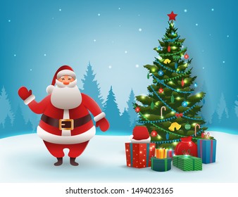 Santa Claus with Christmas tree. Merry Christmas and Happy New Year. Vector illustration
