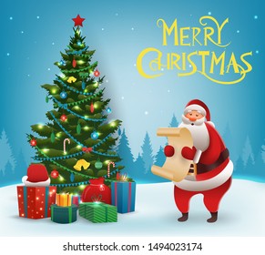 Santa Claus with Christmas tree. Merry Christmas and Happy New Year. Vector illustration