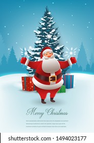 Santa Claus with Christmas tree. Merry Christmas and Happy New Year. Vector illustration
