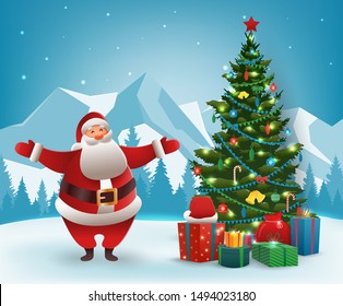 Santa Claus with Christmas tree. Merry Christmas and Happy New Year. Vector illustration