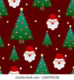 Santa Claus and Christmas Tree on Red Background. Vector Illustration.