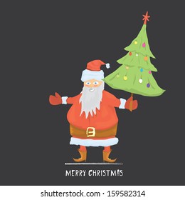 Santa claus with christmas tree on black background. Vector illustration for christmas card.