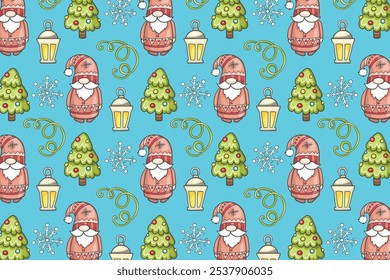 Santa Claus and Christmas tree pattern, festive icons, winter holiday symbols. Christmas pattern background
