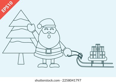 Santa Claus and christmas tree and pile of gift boxes on sleigh flat design modern vector illustration