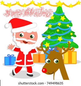 Santa Claus with Christmas tree and reindeer isolated vector illustration