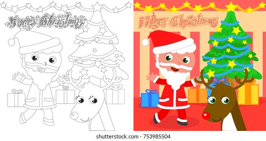 Santa Claus with Christmas tree and reindeer coloring vector illustrations