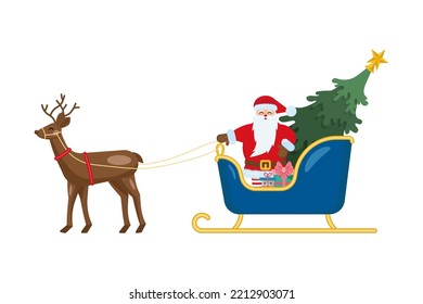 Santa Claus with a Christmas tree rides in a sleigh on a reindeer. vector illustration