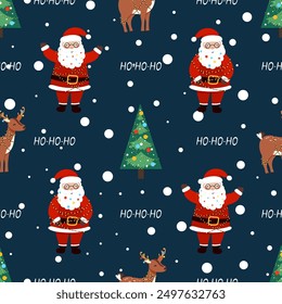 Santa Claus with Christmas tree seamless pattern in flat style. Vector illustration for holiday designs of wrapping paper, covers, fabric, textiles, greeting cards. Concept of Christmas and New Year