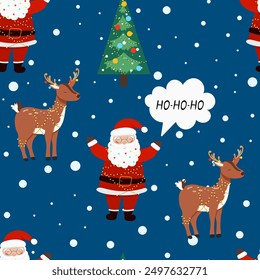Santa Claus with Christmas tree seamless pattern in flat style. Vector illustration for holiday designs of wrapping paper, covers, fabric, textiles, greeting cards. Concept of Christmas and New Year