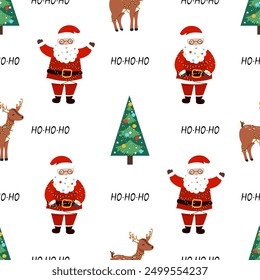 Santa Claus with Christmas tree seamless pattern in flat style. Vector illustration for holiday designs of wrapping paper, covers, fabric, textiles, greeting cards. Concept of Christmas and New Year