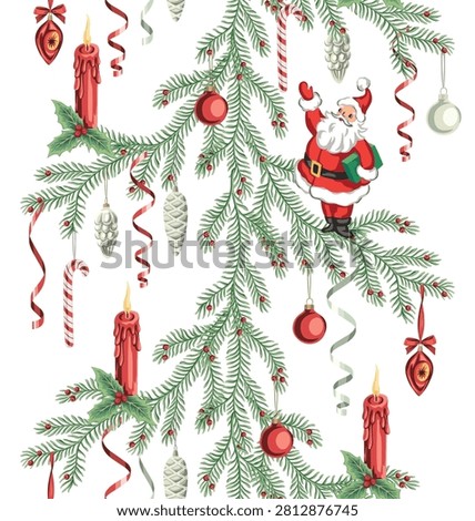 Santa Claus, Christmas tree, serpentine, candy cane, candle and ball seamless pattern. Merry Christmas, New Year wallpaper.