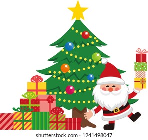 Santa Claus and Christmas Tree Set 4. Santa with a present.Vector illustration.Flat design.Cartoon character.
