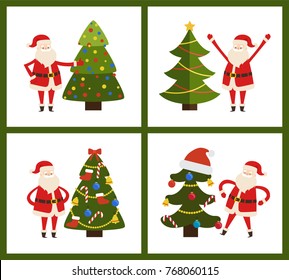 Santa Claus and Christmas tree set of four posters on white background. Vector illustration with fairytale character and decorated green bright spruce