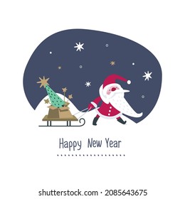 Santa Claus with a Christmas tree, a sled on the background of the night sky. Greeting card, funny character, vector illustration. Happy New Year. Merry Christmas.