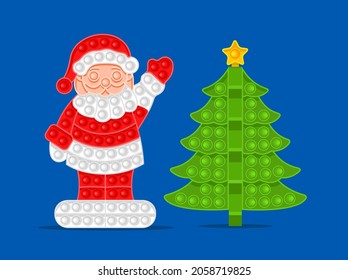 Santa Claus and Christmas tree. Symbols of the New Year, anti-stress toy. Vector illustration on blue background