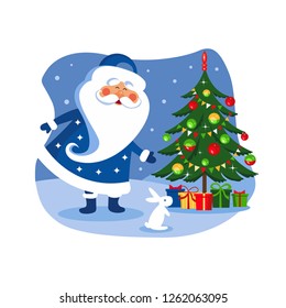 Santa Claus with the Christmas tree. Christmas vector illustration in a cartoon style. For Christmas cards, banners, tags and labels. Christmas and New Year design element.