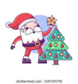 Santa Claus with Christmas tree.  Vector illustration in cartoon style. Isolated on white background.