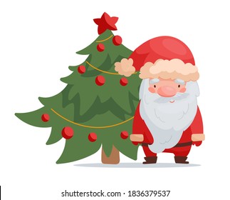 Papá Noel y el árbol de Navidad. Ilustración vectorial al estilo de las caricaturas. Aislado en blanco. Tarjeta de Navidad.