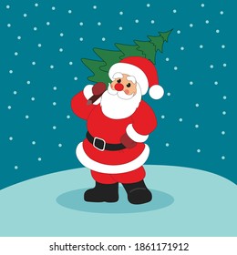 Papá Noel con un árbol de Navidad. Ilustración de dibujos animados. Tarjeta de Navidad.