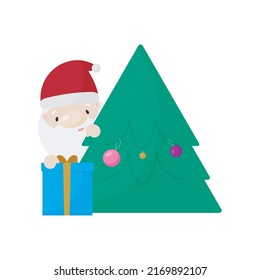 Papá Noel y el árbol de Navidad. Ilustración vectorial al estilo de las caricaturas.