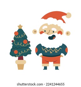 Santa Claus with Christmas tree vector cartoon illustration isolated on a white background.