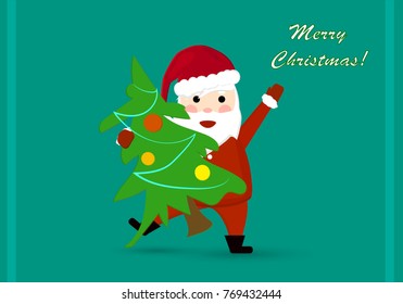 Santa Claus with Christmas tree welcomes everyone with Christmas. Holidays and fun. Vector illustration