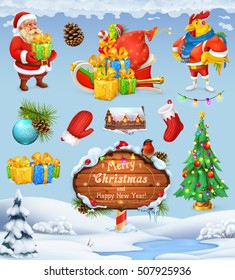 Santa Claus and Christmas tree. Winter background. 3d vector icon set