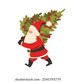 Santa Claus with a Christmas tree.Merry Christmas and Happy New Year.Vector illustration.	