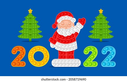 Santa Claus, Christmas trees and colored numbers 2022. Symbols of the New Year, anti-stress toy. Vector illustration