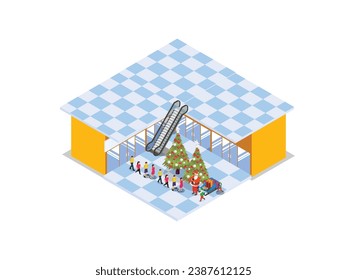 Santa Claus with christmas trees and kids queue in a mall isometric 3d vector illustration concept for banner, website, landing page, flyer, greeting card, etc